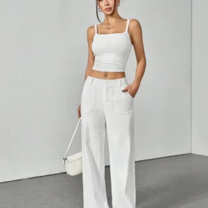 High Waist Wide Leg Linen Trousers In White