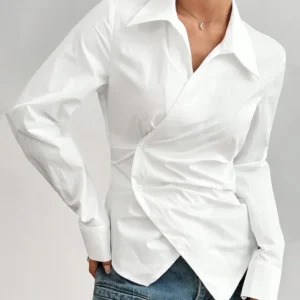 Asymmetric Hem Fitted White Shirt Top