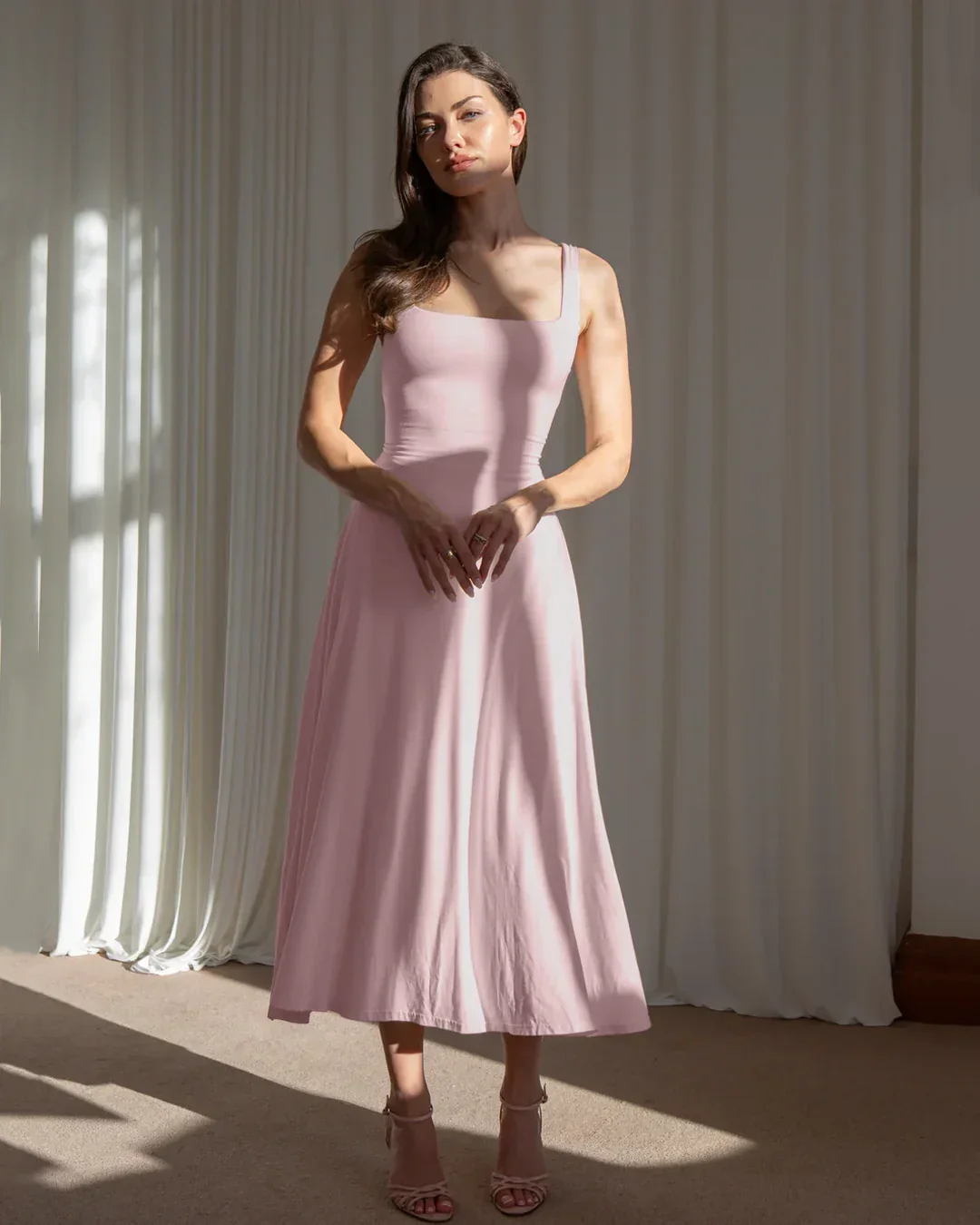 Minimal Fit and Flare Dusty Pink Midi Dress