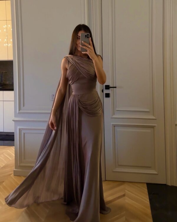 Pleated Ribbon Satin Evening Dress - Image 3