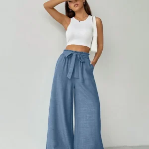 High Waist Wide Leg Trousers with Waist Tie in French Blue