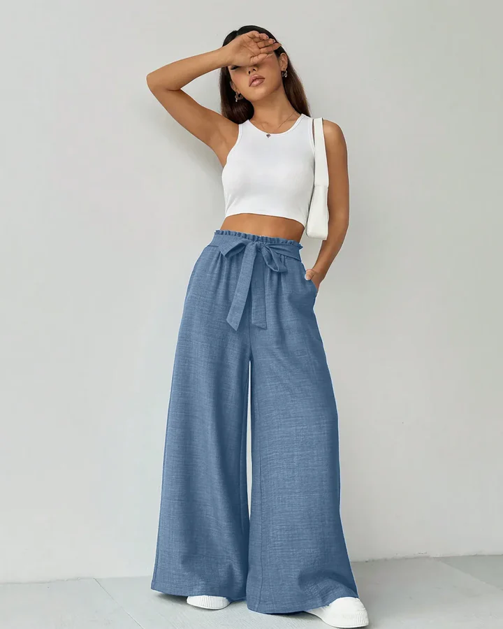 High Waist Wide Leg Trousers with Waist Tie in French Blue