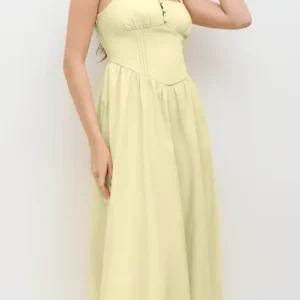 Square Neck Tie Front Sleeveless Midi Dress in French Vanilla