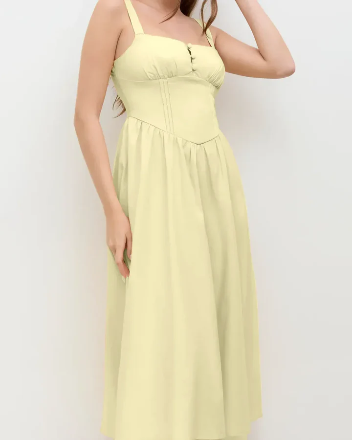 Square Neck Tie Front Sleeveless Midi Dress in French Vanilla