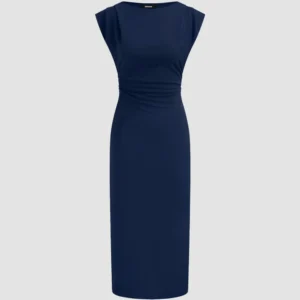 Ruched Waist Cap Sleeve Bodycon Midi Dress in Navy Blue