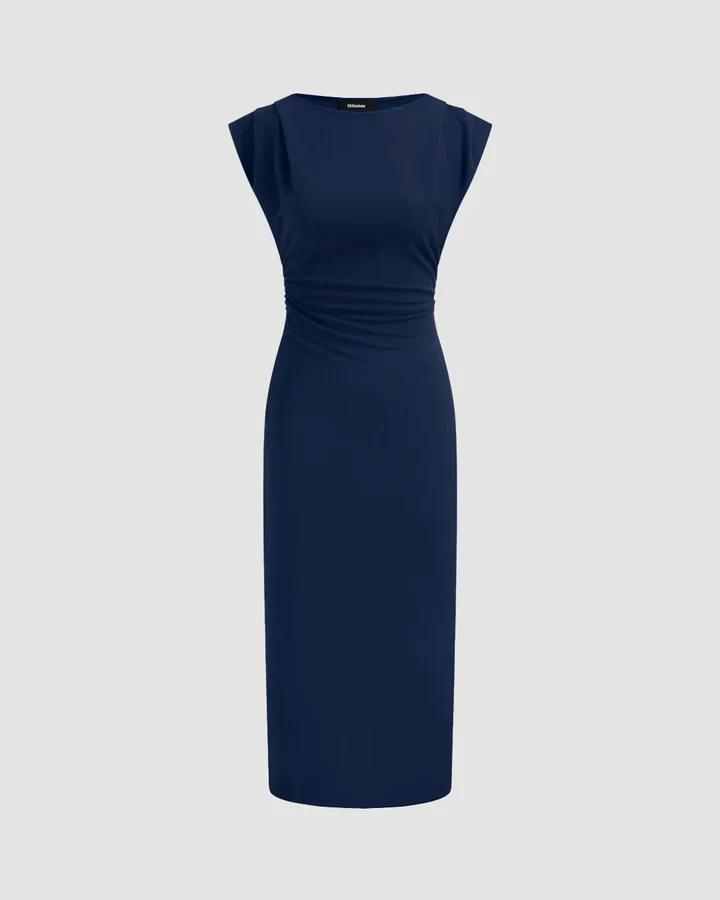Ruched Waist Cap Sleeve Bodycon Midi Dress in Navy Blue