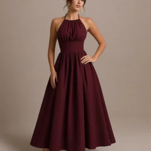 Back Tie Halter Neck Gathered Midi Dress in Maroon