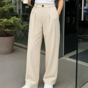Korean Style Trousers with Baggy Fit In Off-White