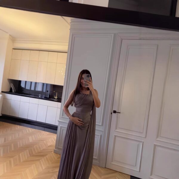 Pleated Ribbon Satin Evening Dress - Image 5