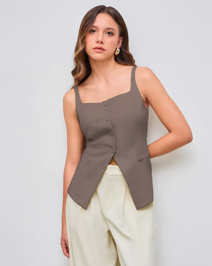 Sleeveless Button Down Corset Style Top in Cappuccino
