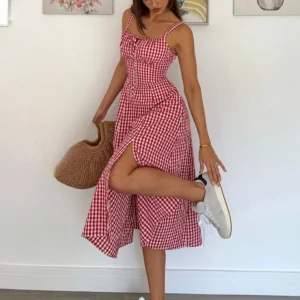 Red and white plaid bustier dress